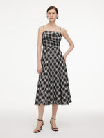 [Preview] Plaid Fringed Hem Strap Dress And Cardigan Two-Piece Set GOELIA
