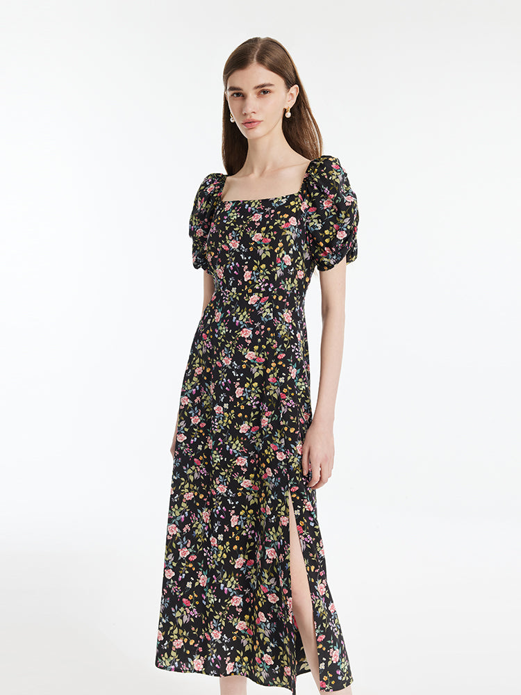Mulberry Silk Rose Printed Women Maxi Dress GOELIA