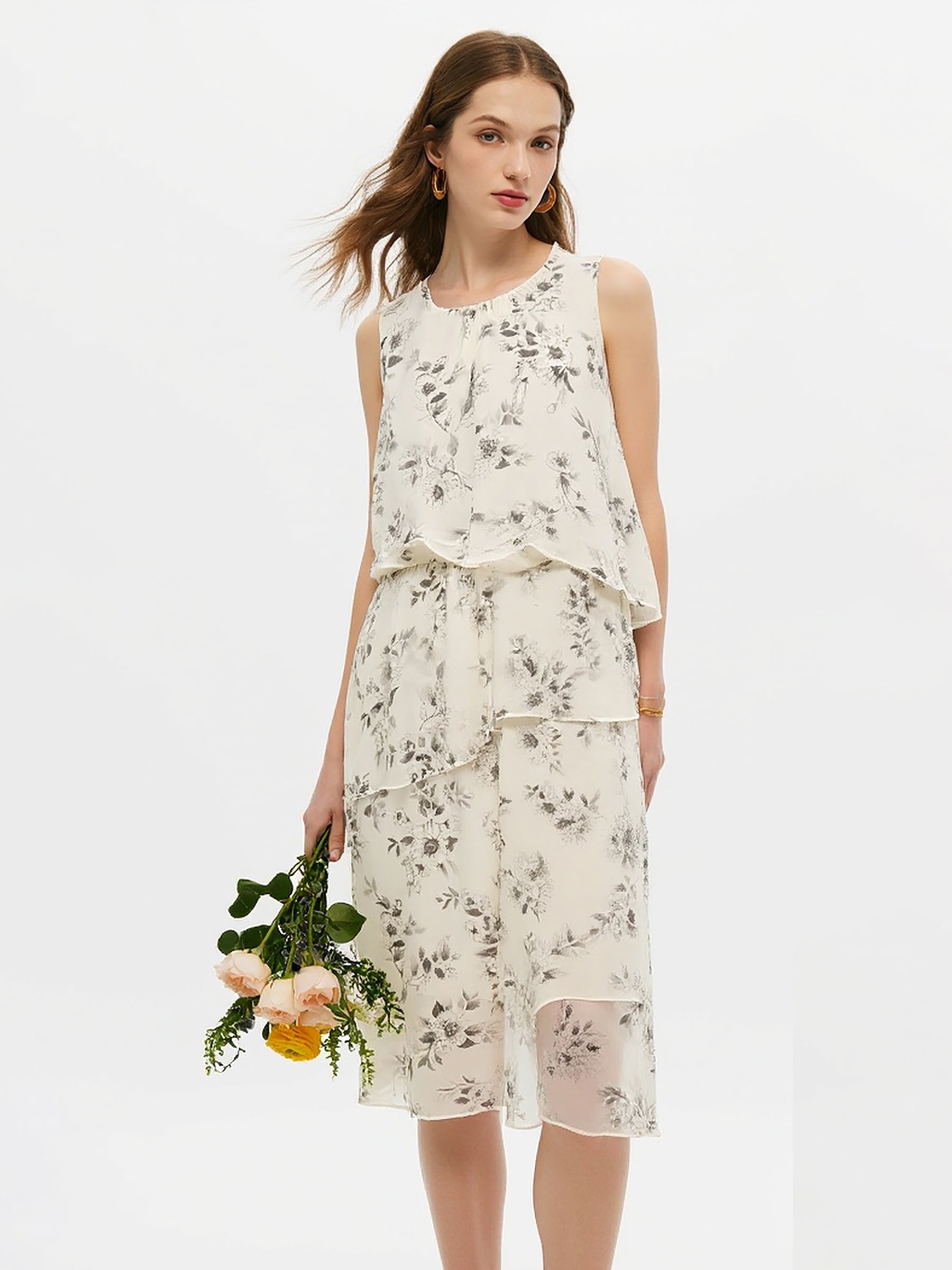 Floral Print Ruffle Women Tiered Sleeveless Midi Dress GOELIA
