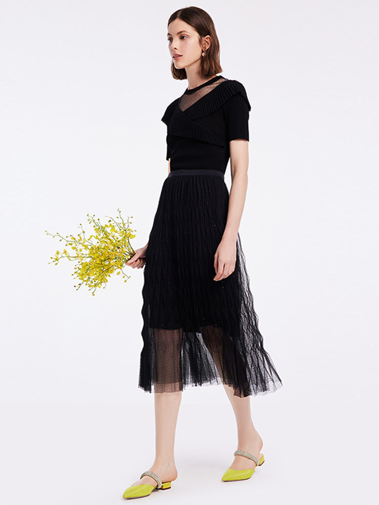 Woolen Knitted Set Top And Tulle Skirt GOELIA