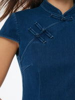 Denim Ruffle Hem Women Stretchy Knit Qipao Mini Dress GOELIA