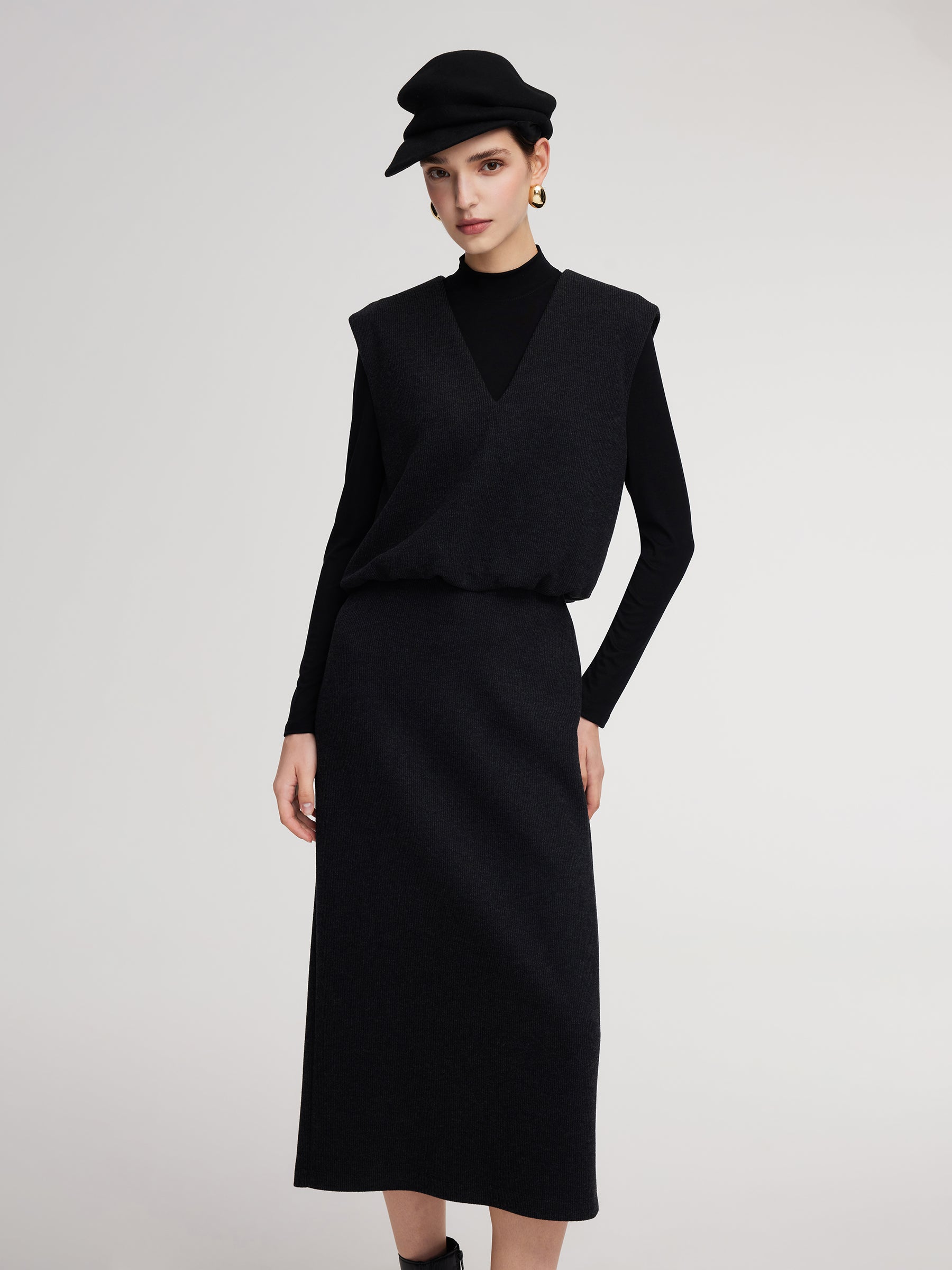 [Preview] Knit Vest And Mock Neck Top And Skirt Three-Piece Set GOELIA