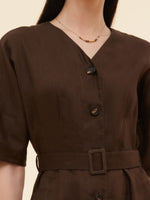100% Linen Women V-Neck Midi Dress With Belt GOELIA
