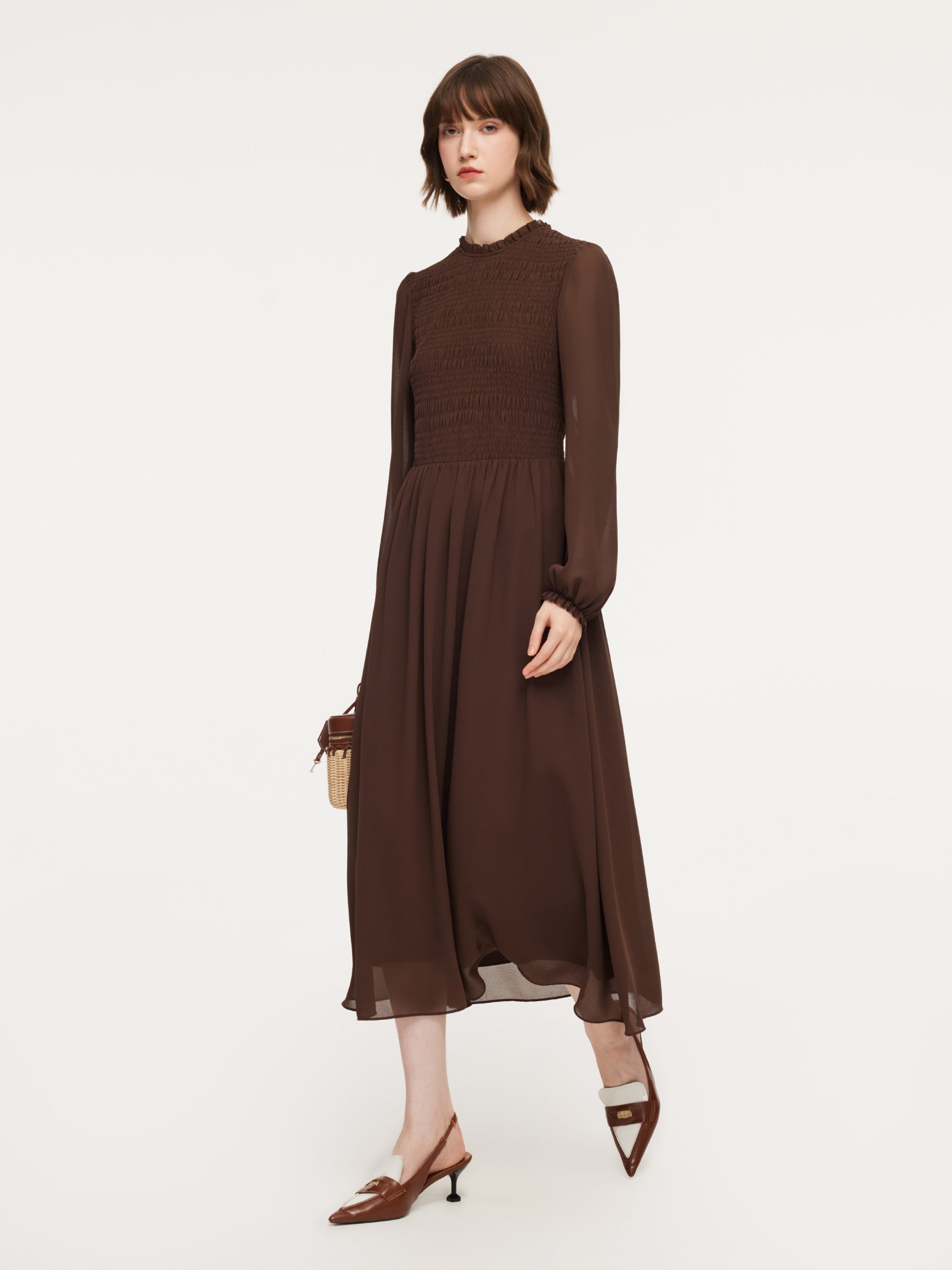 Ruffle Round Neck Women Smocked Maxi Dress GOELIA