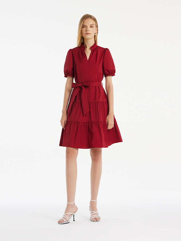 Puff Sleeves Tiered Women Mini Dress With Belt GOELIA