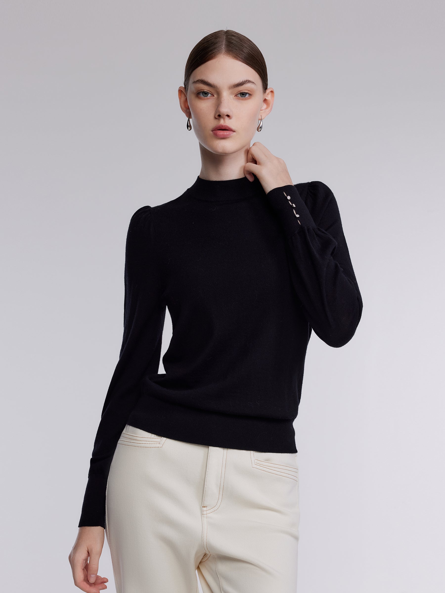 Wool Blend Mock Neck Women Sweater With Detachable Necklace GOELIA