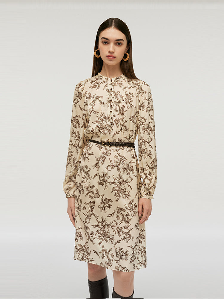 19 Momme Mulberry Silk Round Neck Printed Women Midi Dress With Belt GOELIA