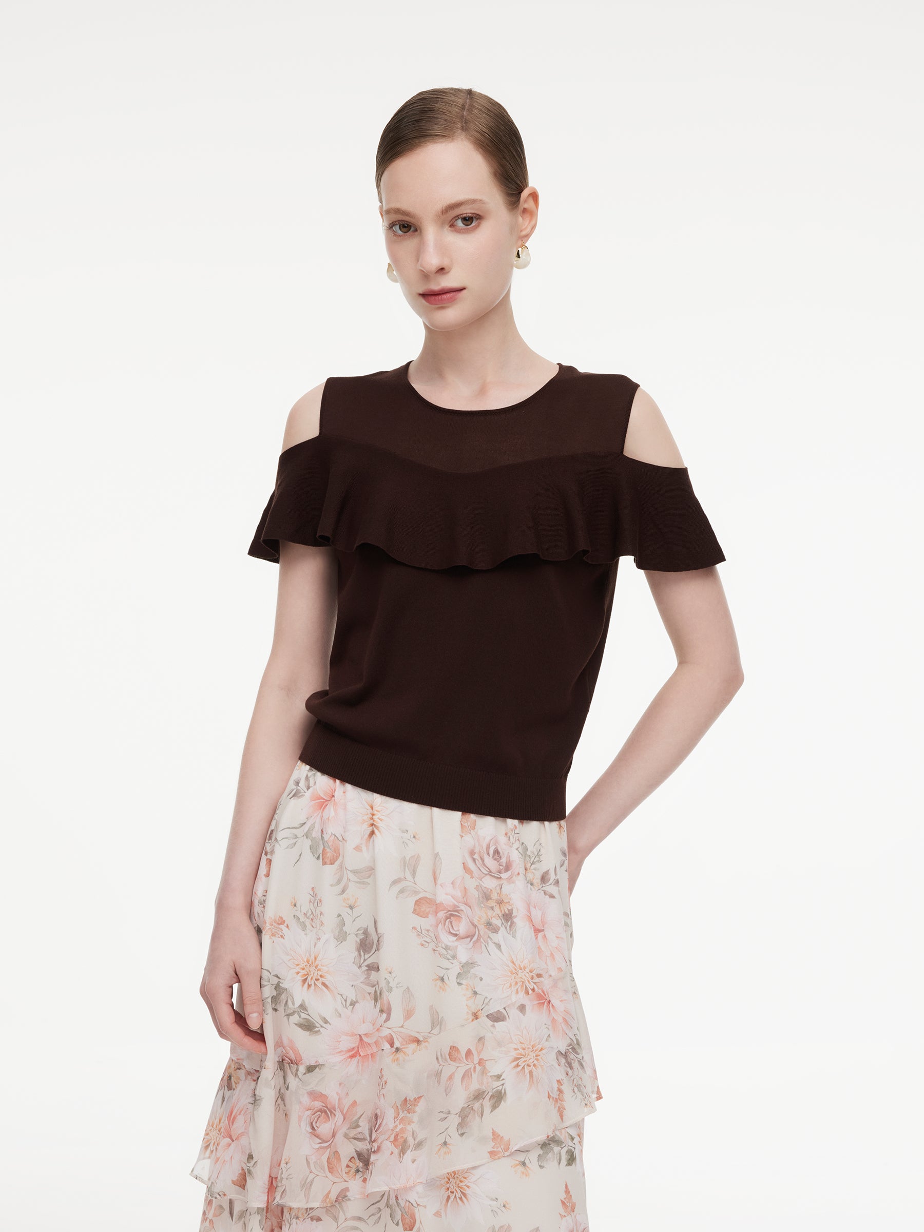 [Preview] Tencel Blend Ruffle Cold Shoulder Women Knit Top GOELIA