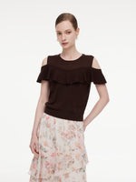 [Preview] Tencel Blend Ruffle Cold Shoulder Women Knit Top GOELIA