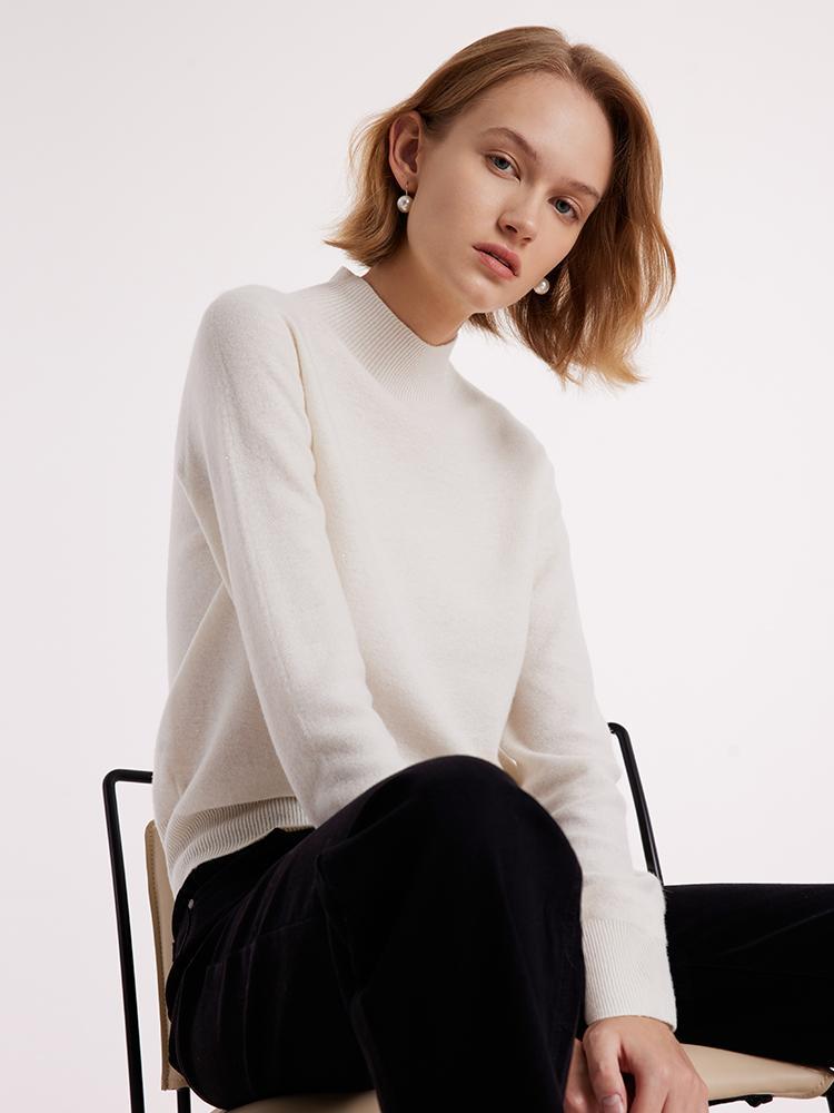 White Wool Sequins Seamless Mock Neck Women Sweater GOELIA