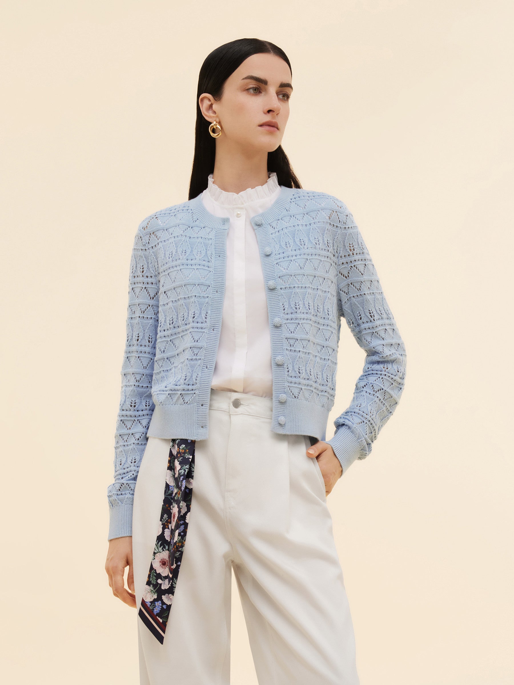 Cotton Openwork Women Round Neck Cardigan GOELIA