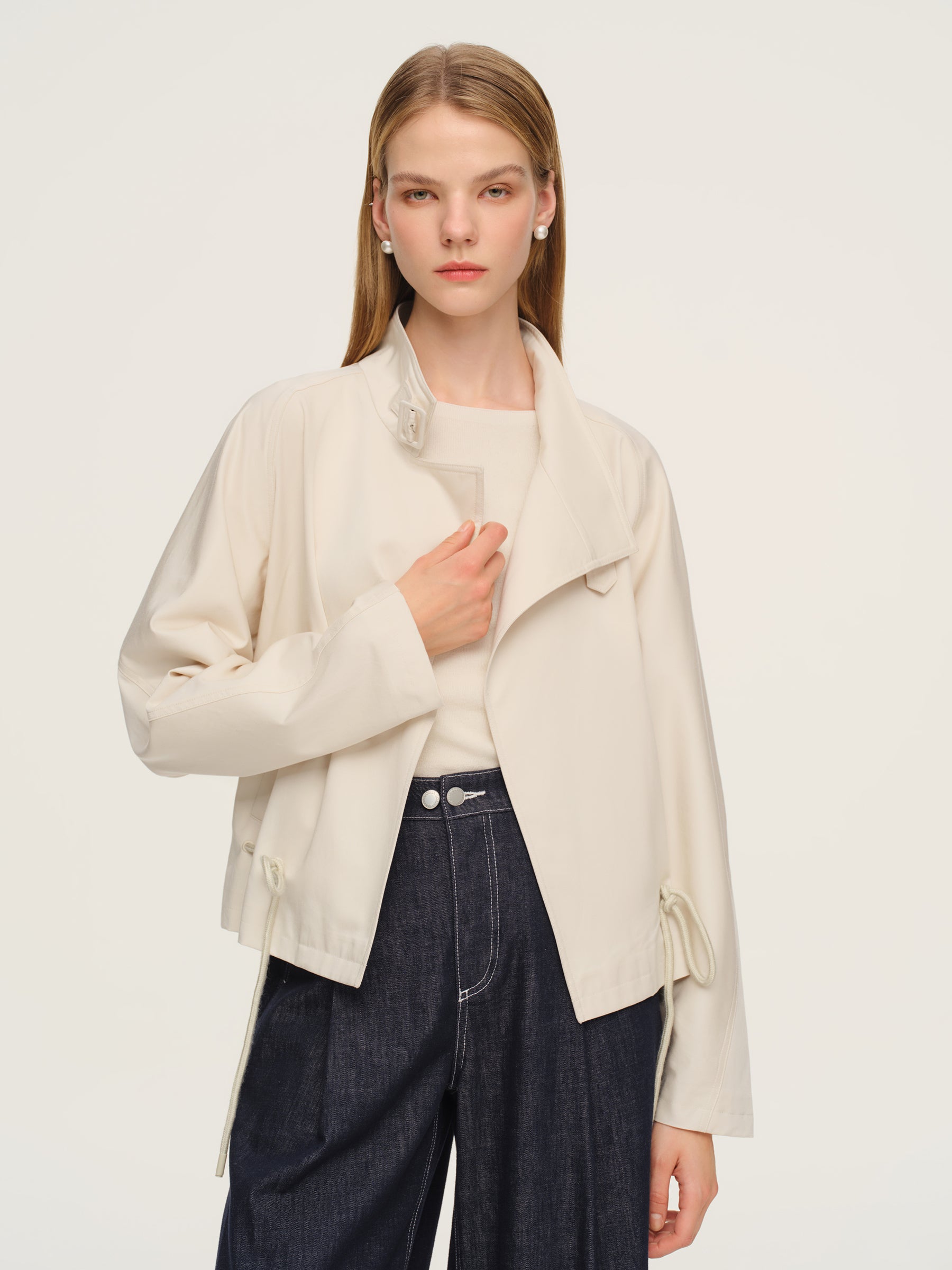 Tencel Blend Drawstring Hem Women Short Trench Coat GOELIA