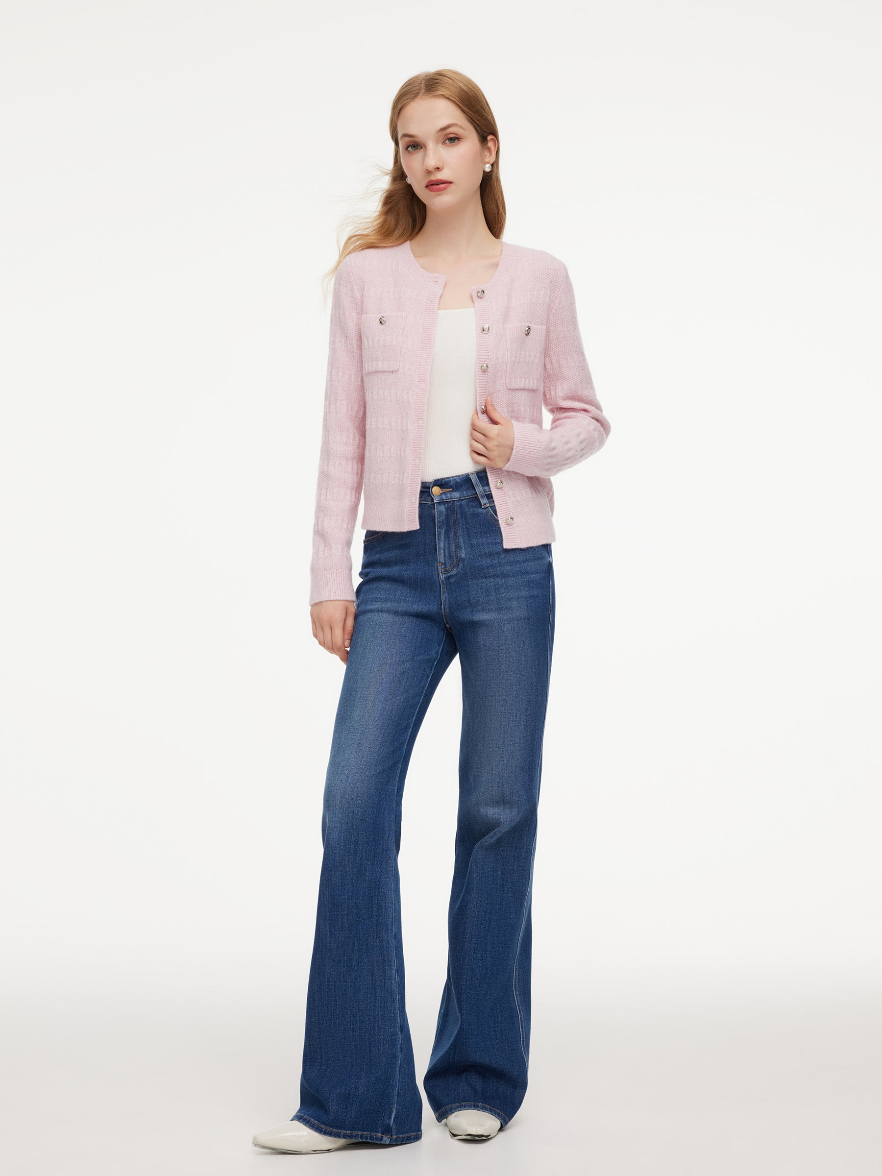 Wool Blend Round Neck Sequins Women Cardigan GOELIA