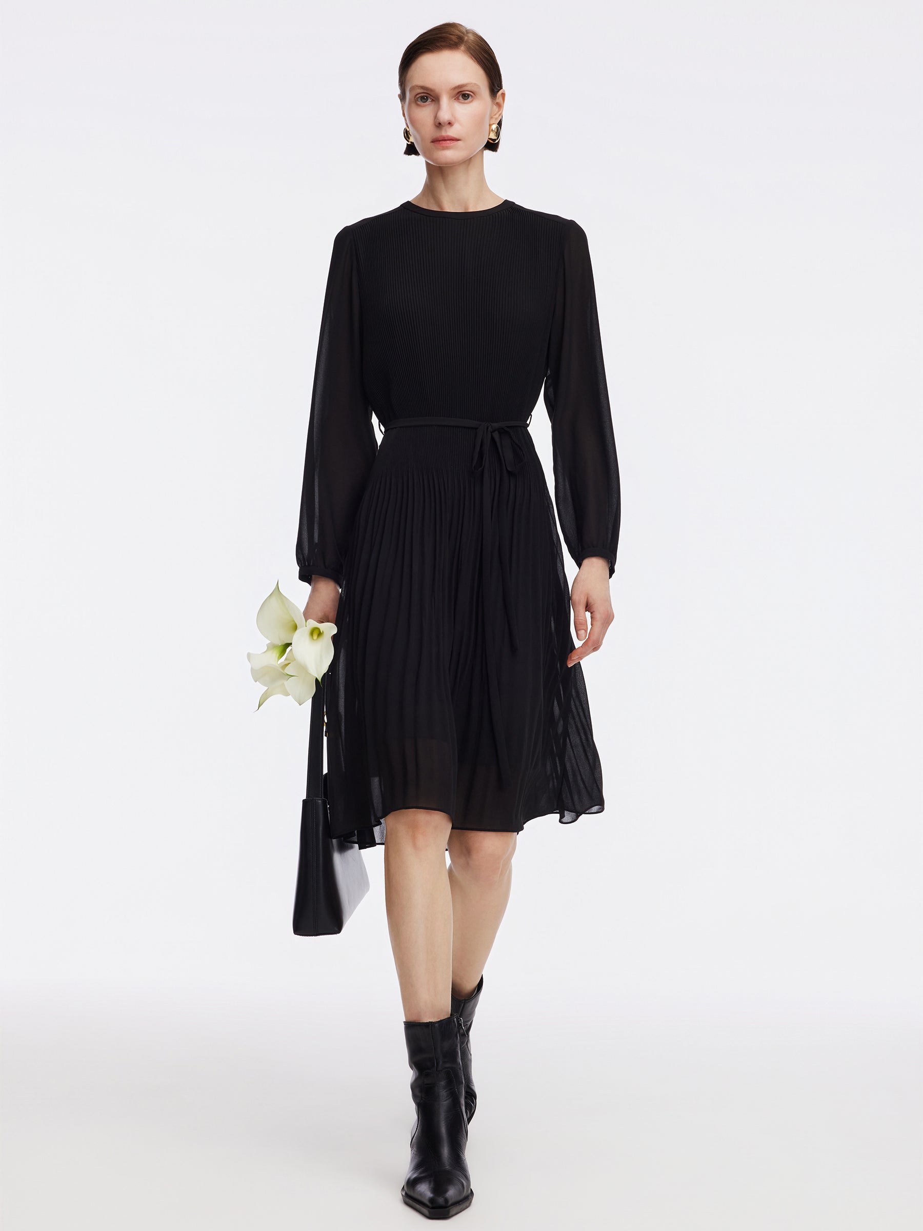 A-Line Pleated Self-Tie Belt Women Midi Dress GOELIA