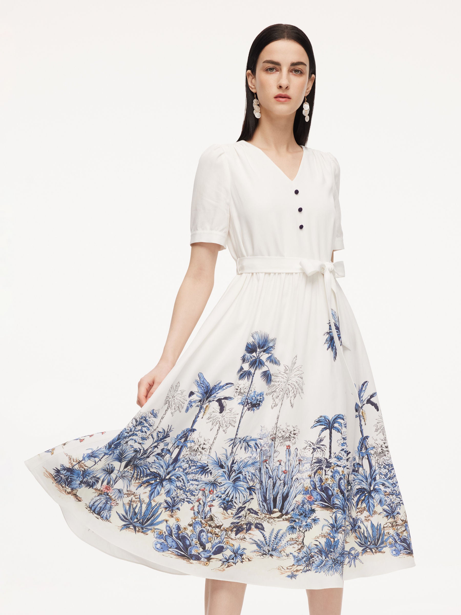 Tencel Linen Floral Print Women V-Neck Midi Dress With Self-Tie Belt GOELIA