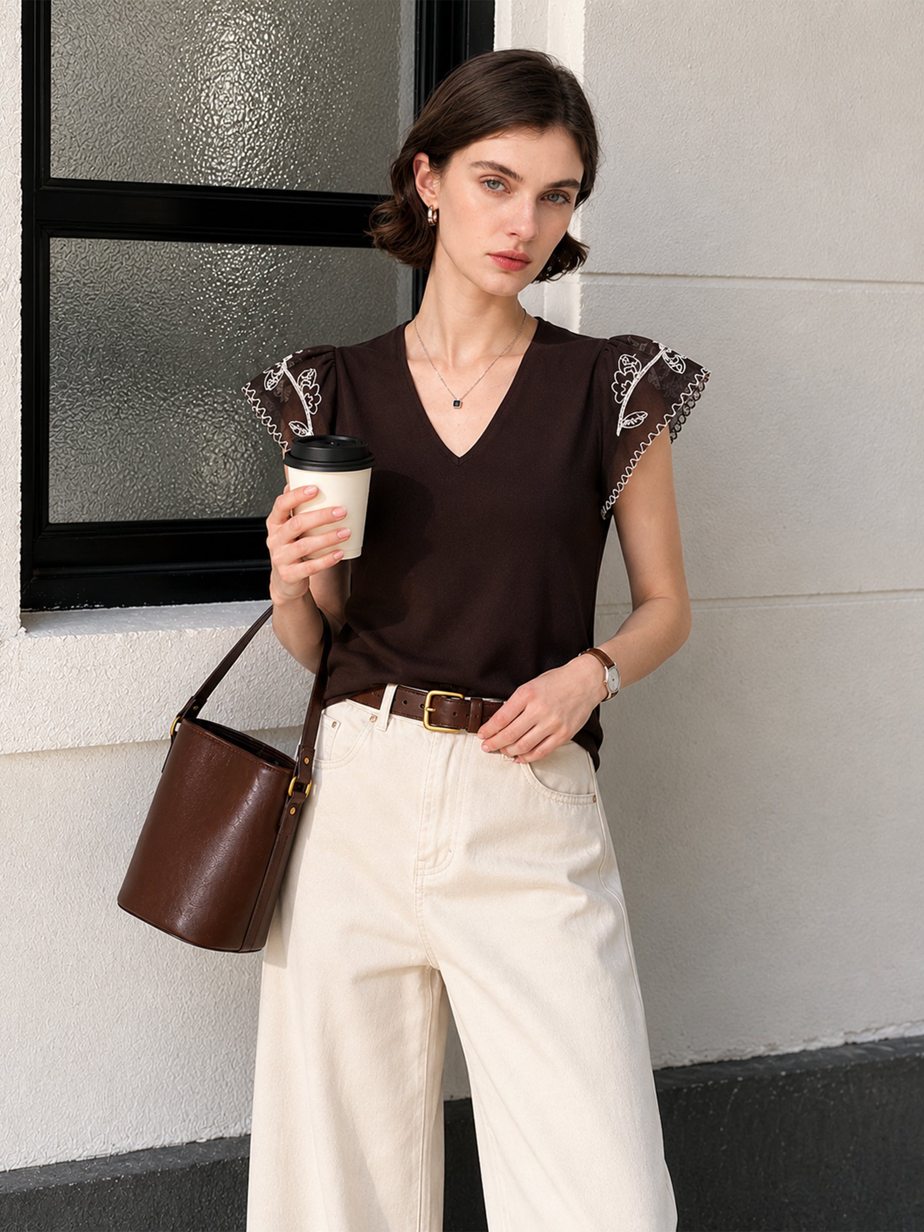 Lyocell Blend V-Neck Women Embroidered Sleeve Knit Top GOELIA