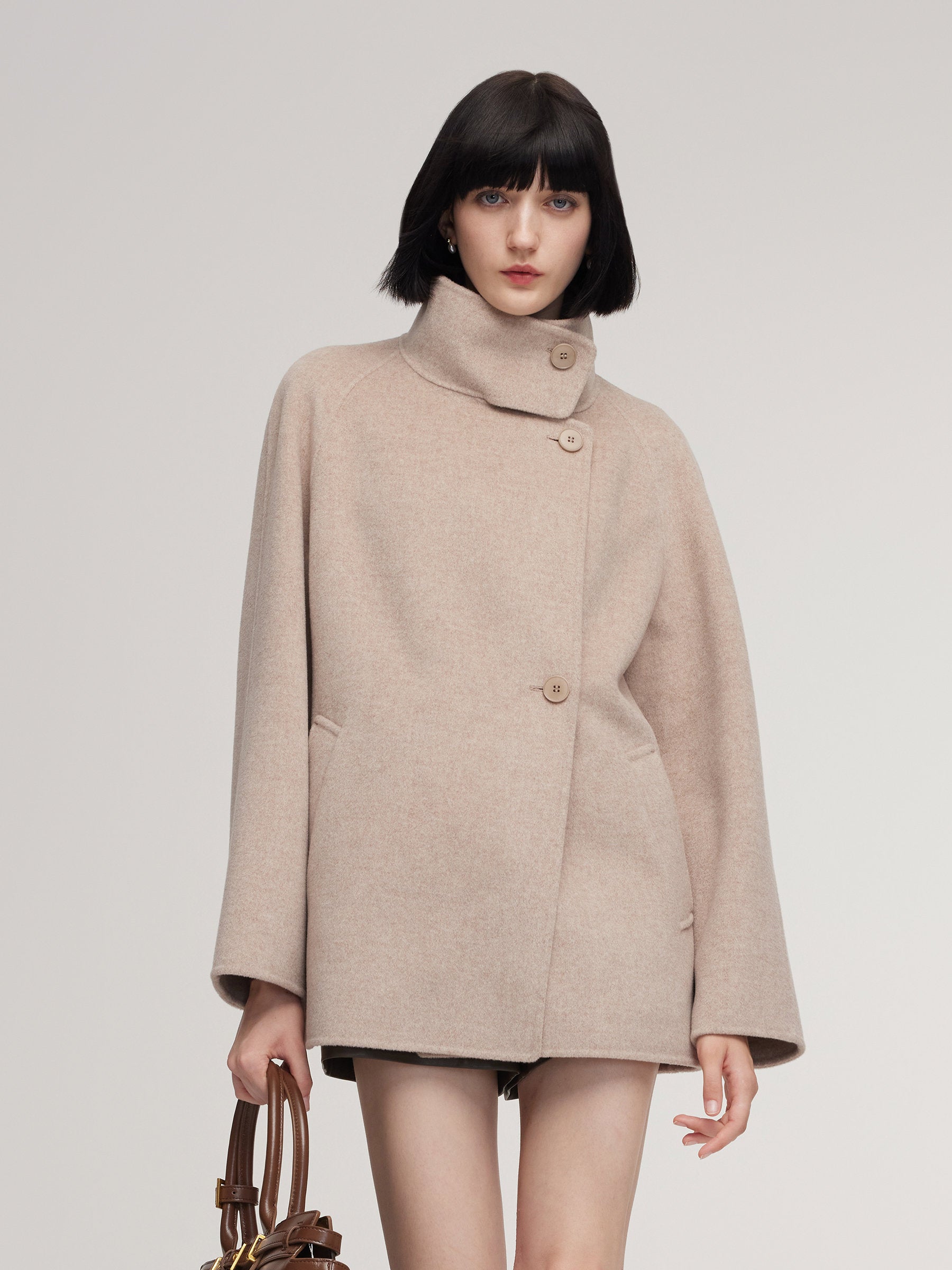 Cashmere Wool Blend Funnel Neck Women Coat GOELIA