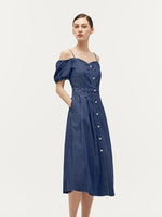 Lyocell Denim Gathered Waist Stretch Women Midi Dress GOELIA
