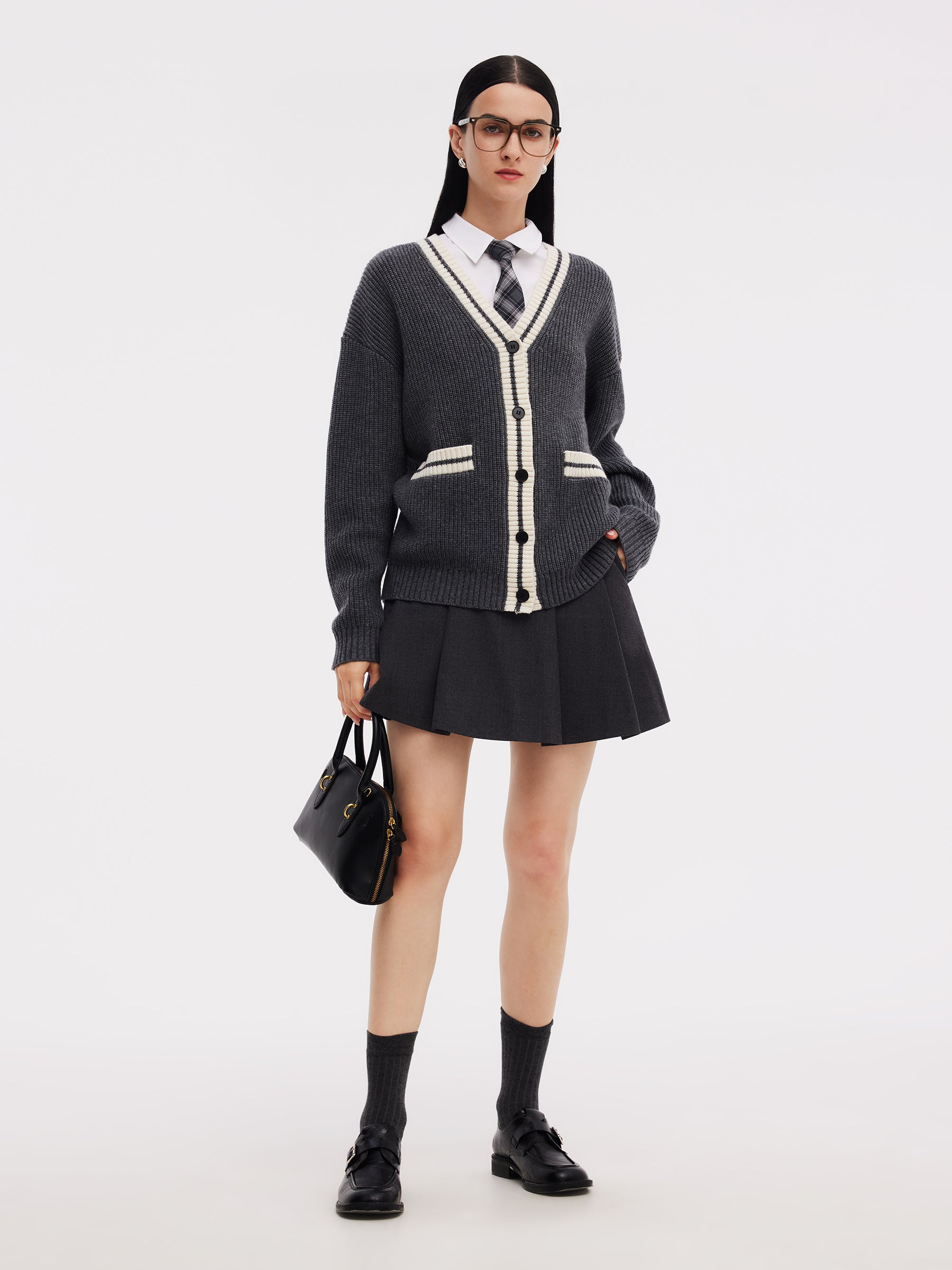 Wool Blend Contrast Trim Women Cardigan GOELIA