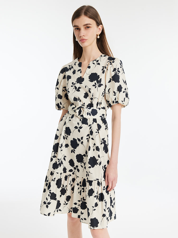 Rose Printed Puff Sleeves Women Mini Dress With Belt GOELIA