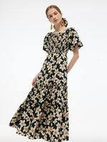 Cotton Stretch Floral Print Women Smocked Maxi Dress GOELIA