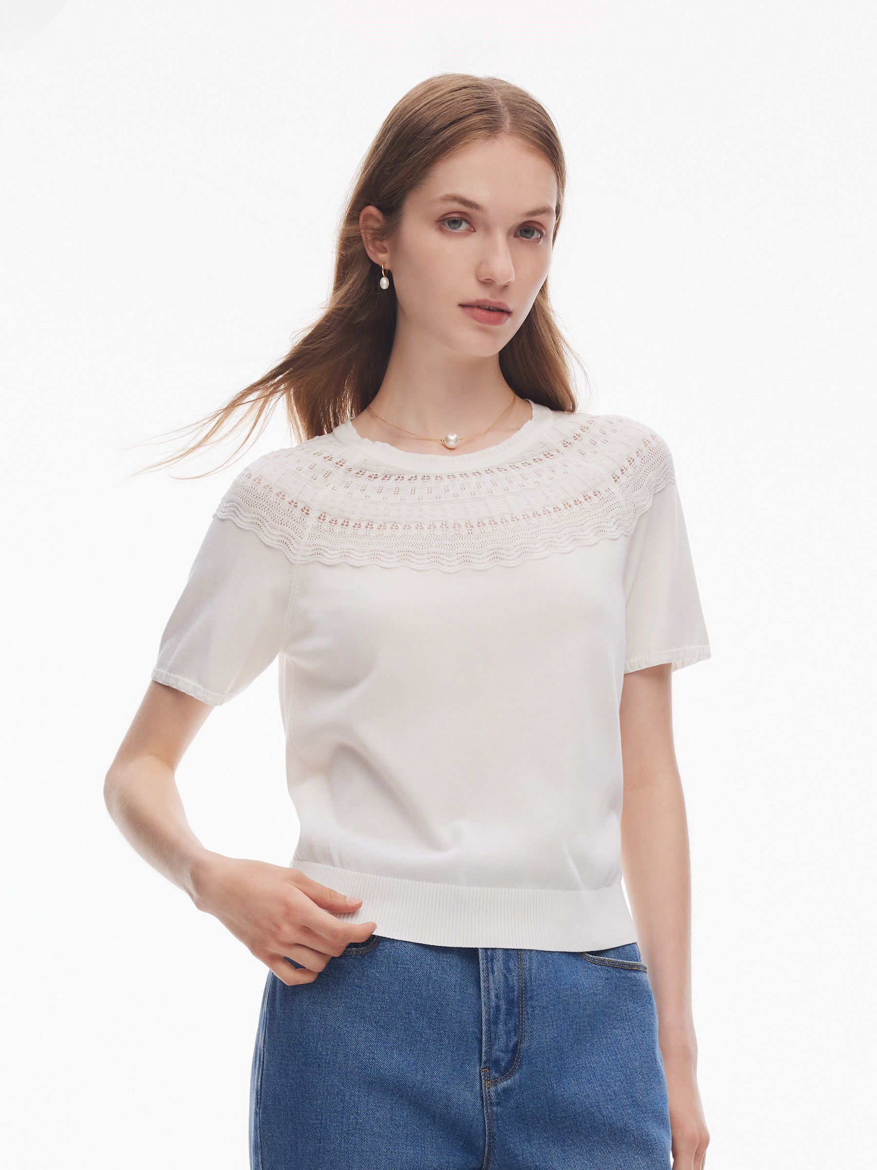 Tencel Blend Openwork Women Ruffle Round Neck Knit Top GOELIA