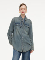 Tencel Cotton Blend Denim Women Shirt With Detachable Rhinestone Ties GOELIA