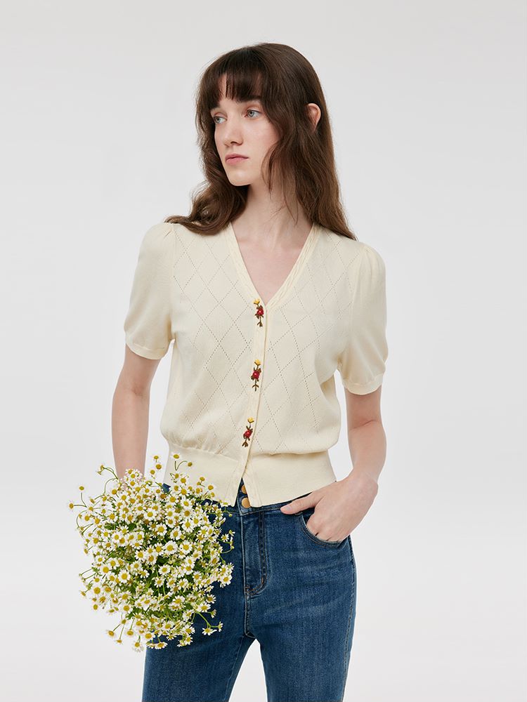 Tencel-Silk Blend Floral Embroidered Women Knit Top GOELIA