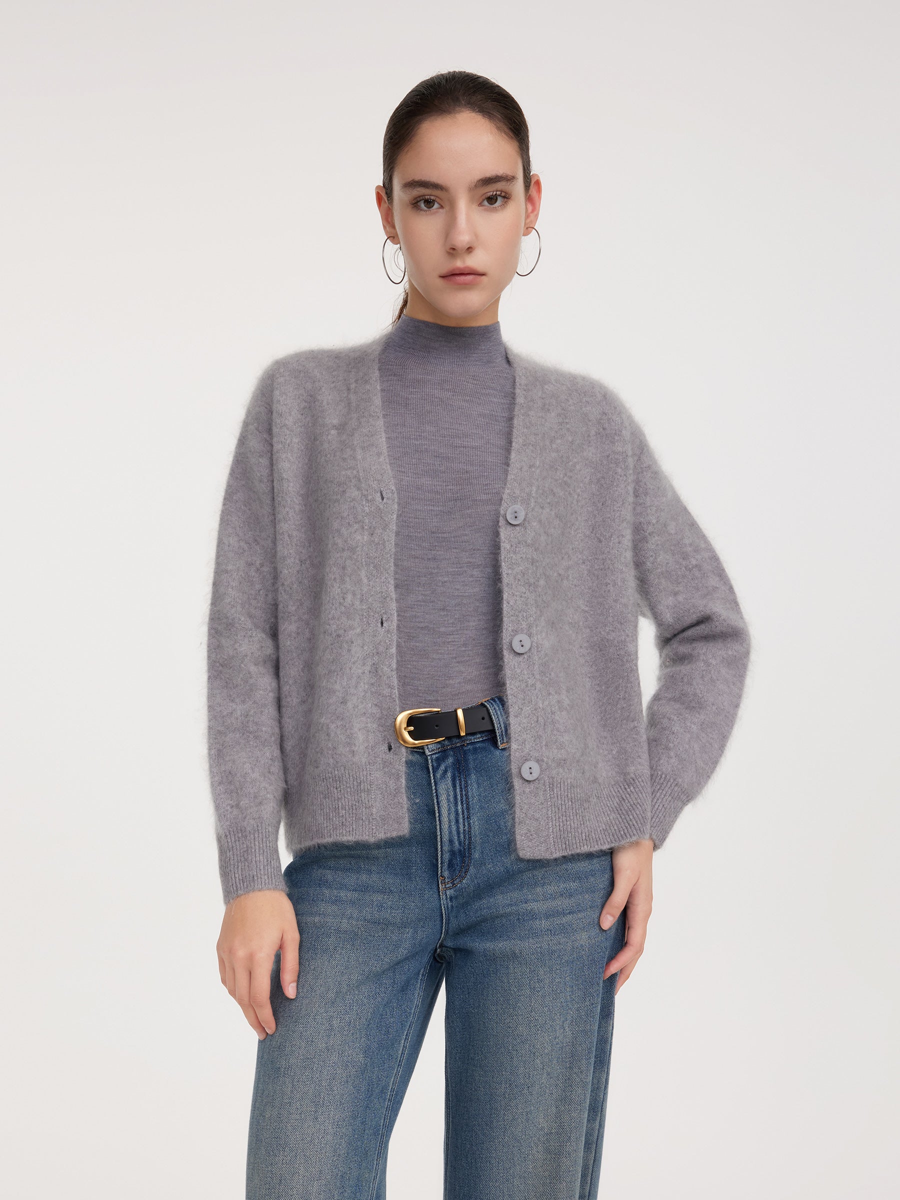 100% Brushed Cashmere V-Neck Women Cardigan GOELIA