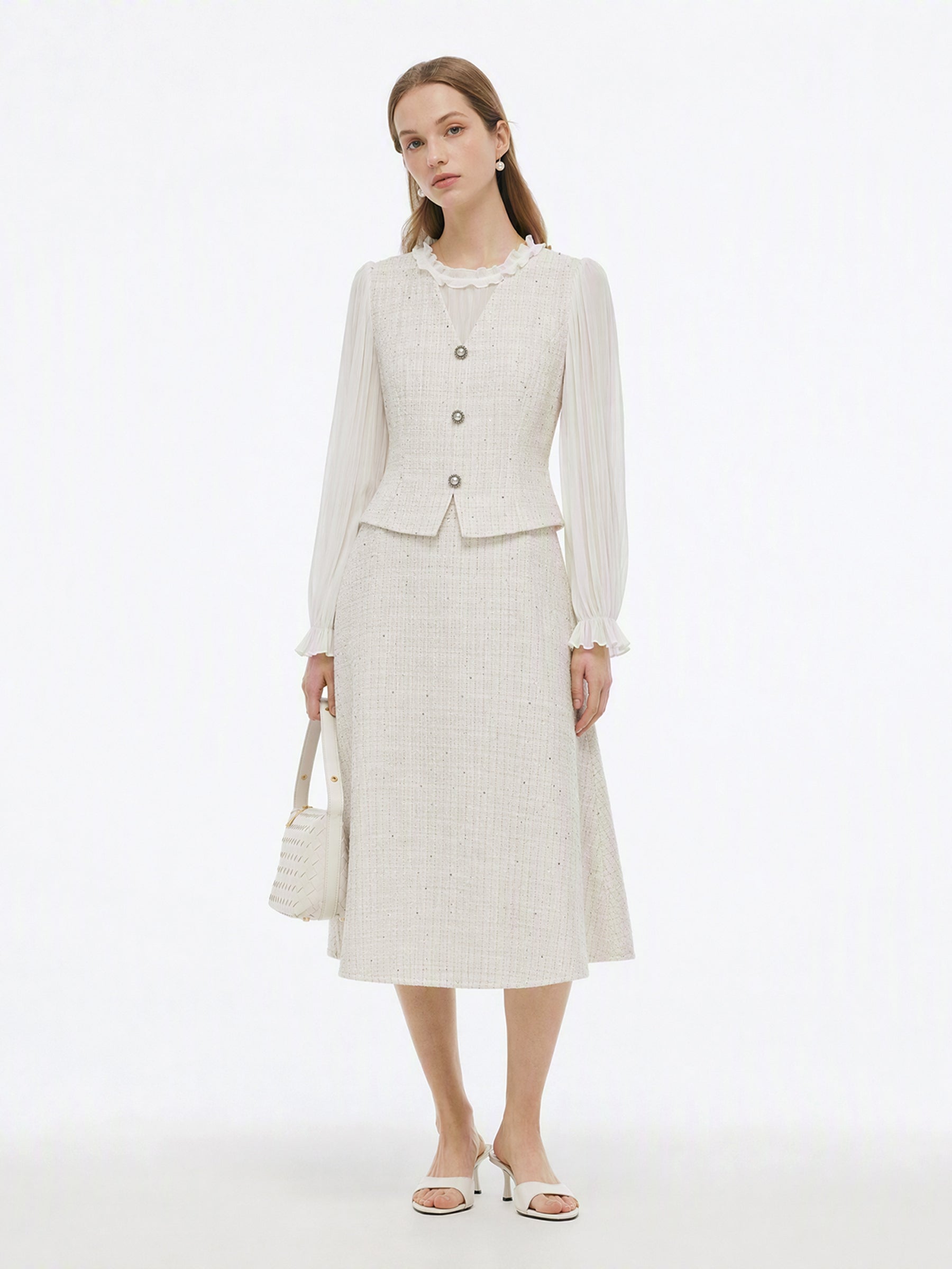 Tweed Sequins Pleated Sleeves Women Maxi Dress GOELIA