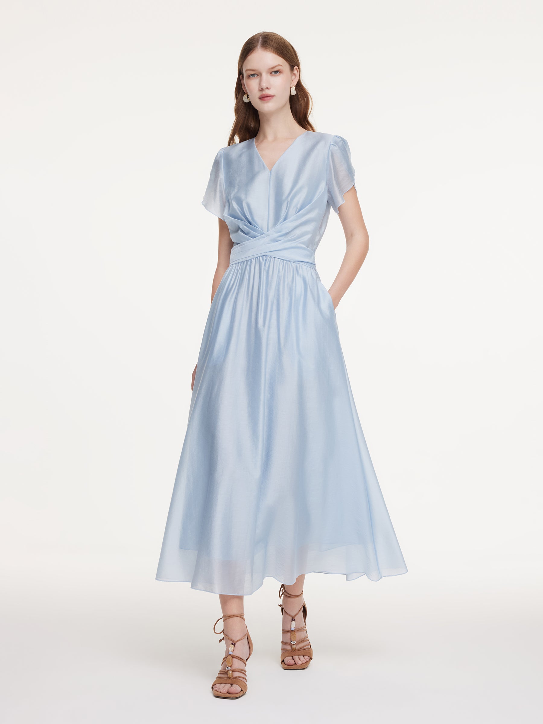 Tencel Blend Twist Front V-Neck Women Maxi Dress GOELIA