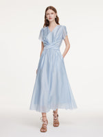 Tencel Blend Twist Front V-Neck Women Maxi Dress GOELIA