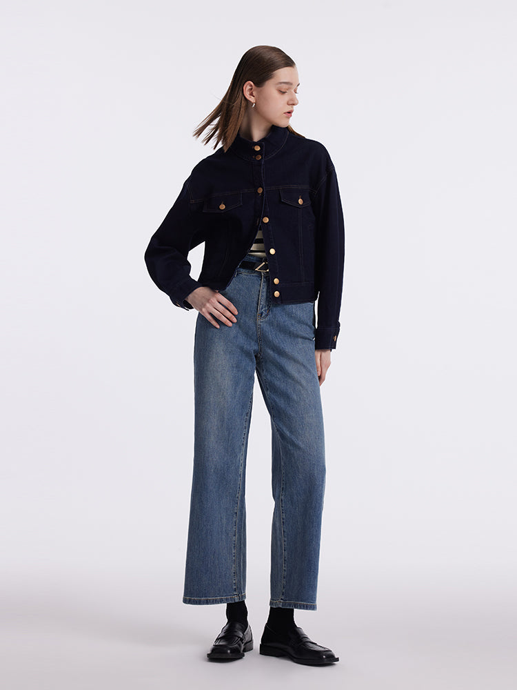 Stand Collar Denim Women Crop Jacket GOELIA