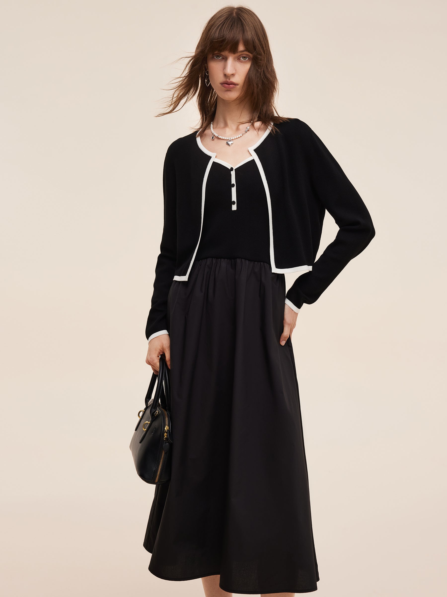 Lyocell Blend Cardigan And Patchwork Strap Maxi Dress Two-Piece Set GOELIA