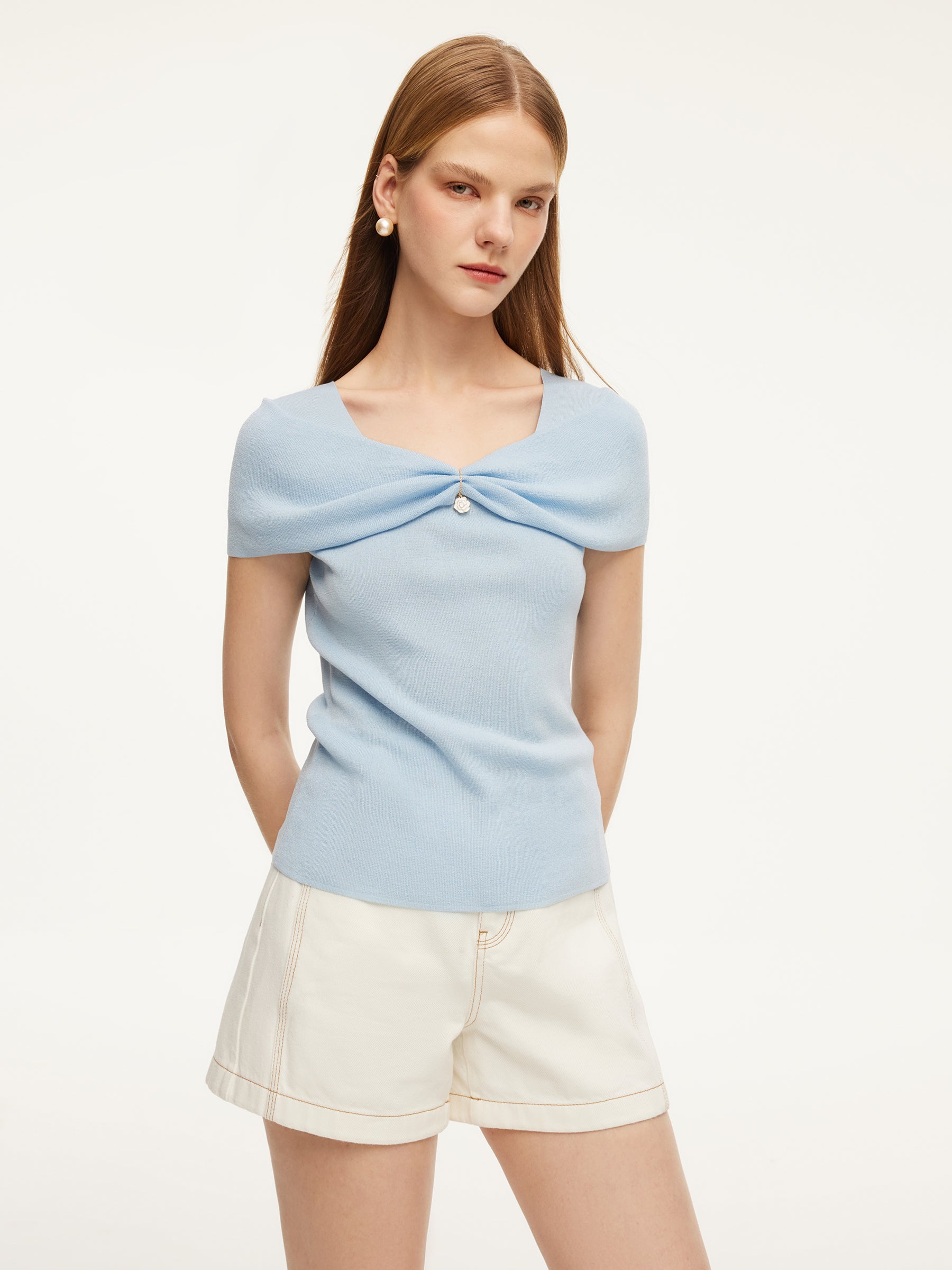 Lyocell Blend Off Shoulder Women Knit Top With Detachable Magnetic Flower GOELIA