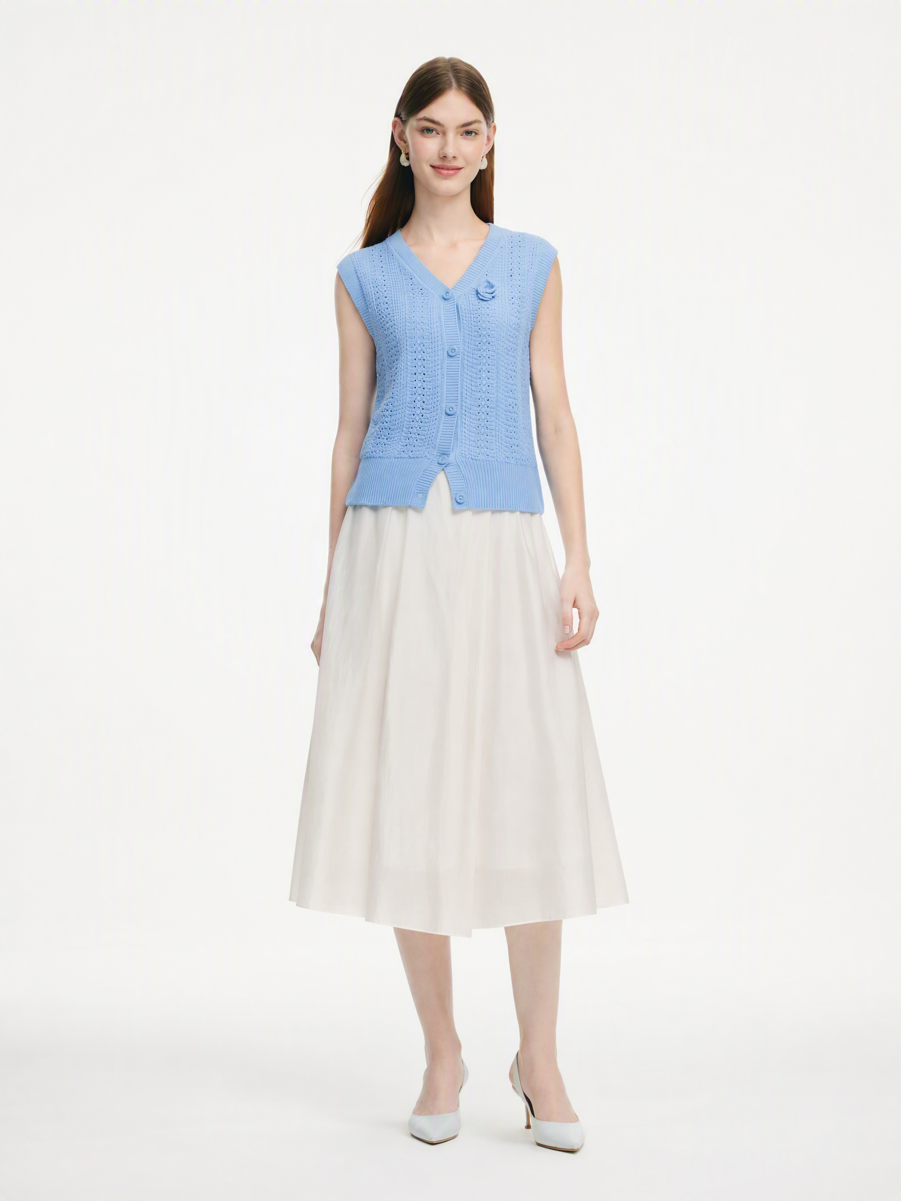 100% Cotton Textured Women Knit Vest With Detachable Knit Flower GOELIA