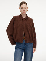 Faux Suede Bubble Hem Women Zip-Up Cropped Jacket GOELIA