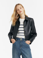 Eco-Friendly Leather Lapel Women Crop Jacket GOELIA
