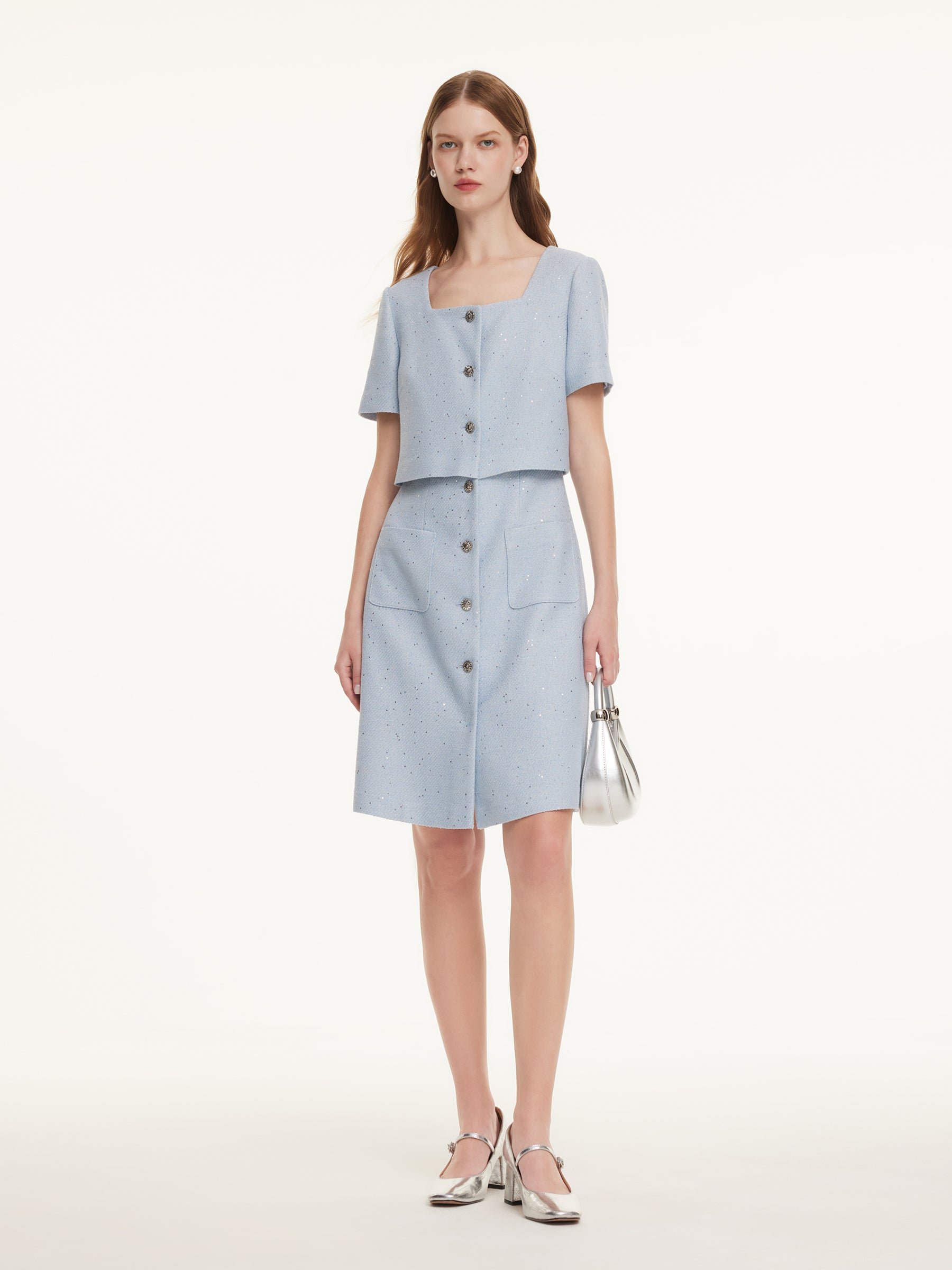 Acetate Blend Tweed Sequins Square Neck Women Mini Dress GOELIA