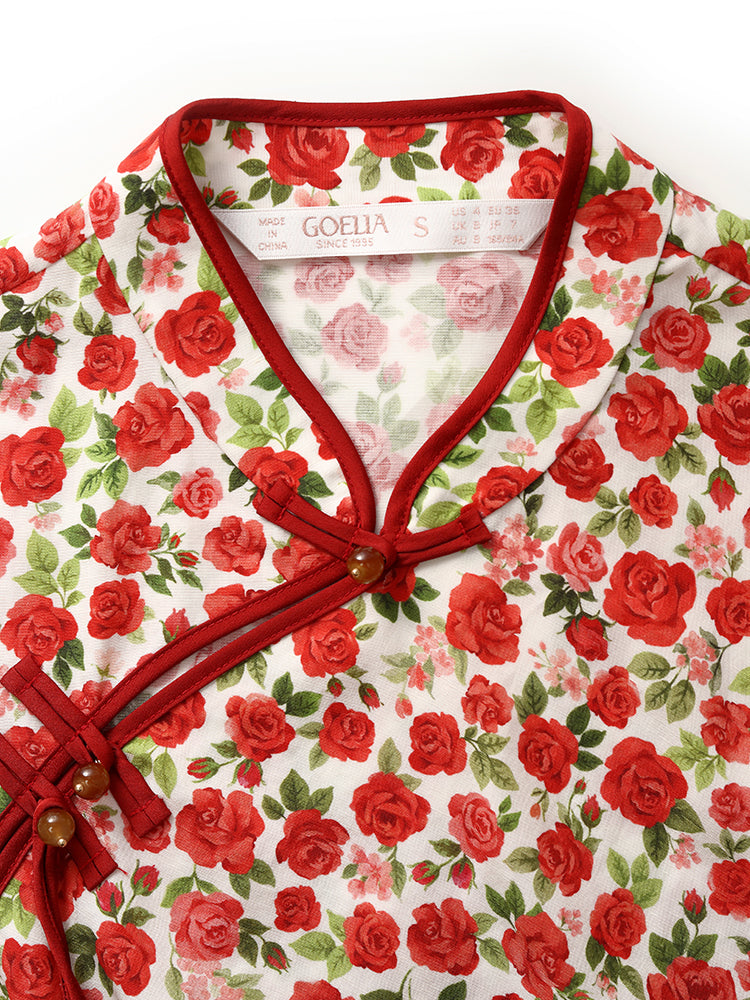 Red Rose Print Cheongsam Women Qipao Midi Dress GOELIA