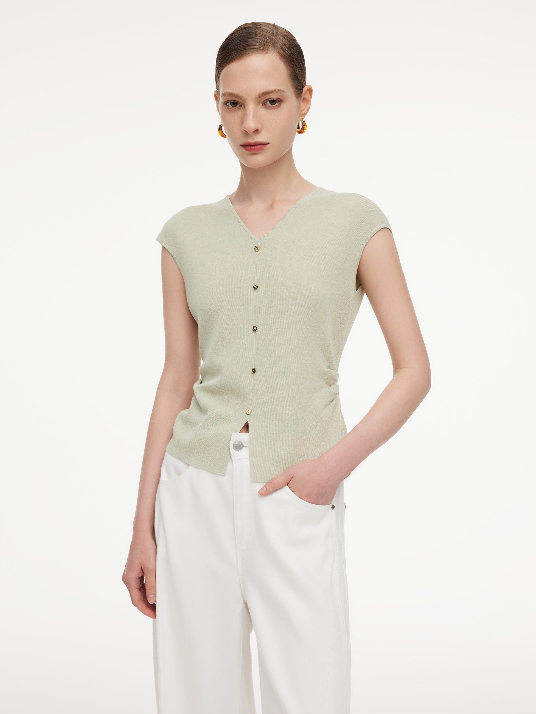 Tencel Blend Side Twist Women Cap Sleeve Knit Top GOELIA