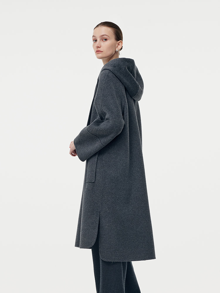 100% Wool Double-Faced Hooded Zip-Up Women Overcoat GOELIA