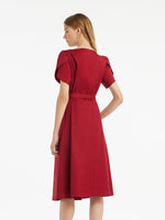 Petal Sleeves Gathered Waist V-Neck Women Midi Dress With Belt GOELIA