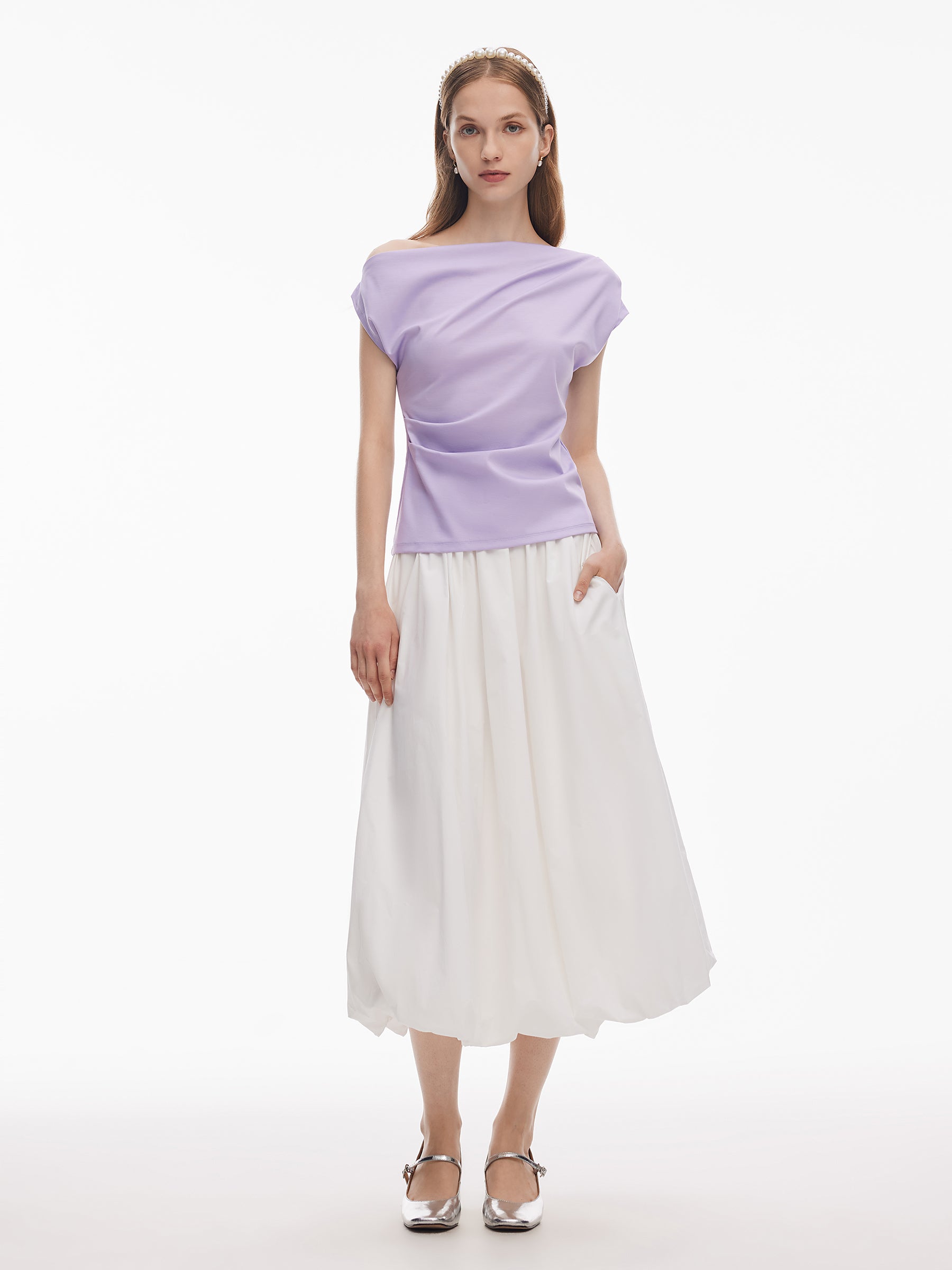 Tencel Blend Women Off Shoulder Women Ruched Top GOELIA