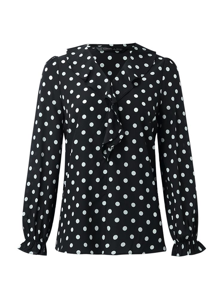 Mulberry Silk Polka Dots Ruffle Women Blouse GOELIA