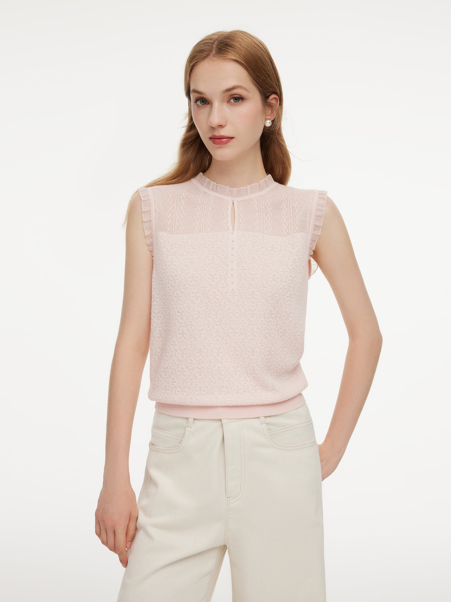 Jacquard Cut Out Neckline Women Ruffle Knit Tank Top GOELIA