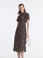 Mulberry Silk Slit Rose Printed Women Qipao Midi Dress GOELIA