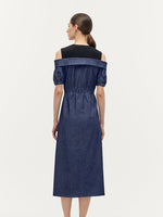 Denim Lyocell Cold Shoulder Patchwork Women Midi Dress GOELIA