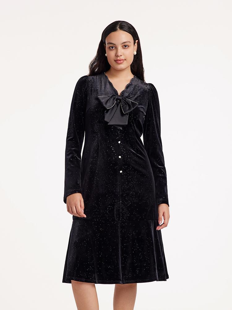 V-Neck Detachable Bowknot Velvet Midi Dress GOELIA