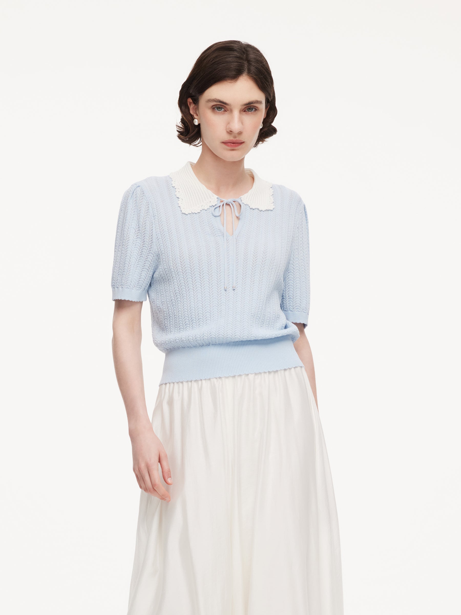 Tencel Blend Color Block Tie Front Women Openwork Knit Top GOELIA